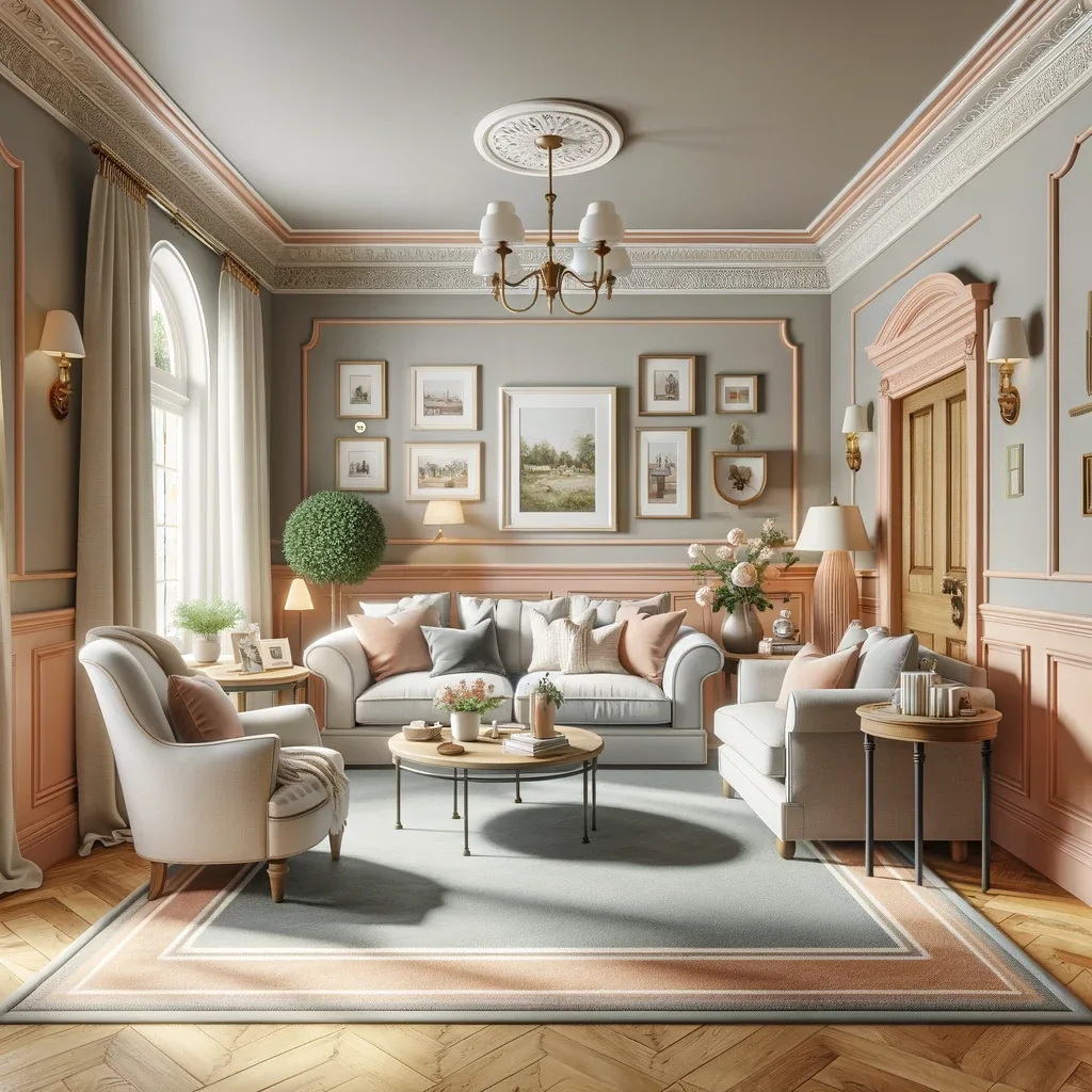 living room with gray walls and soft peach trim