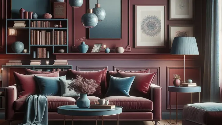 maroon and dusty blue living room