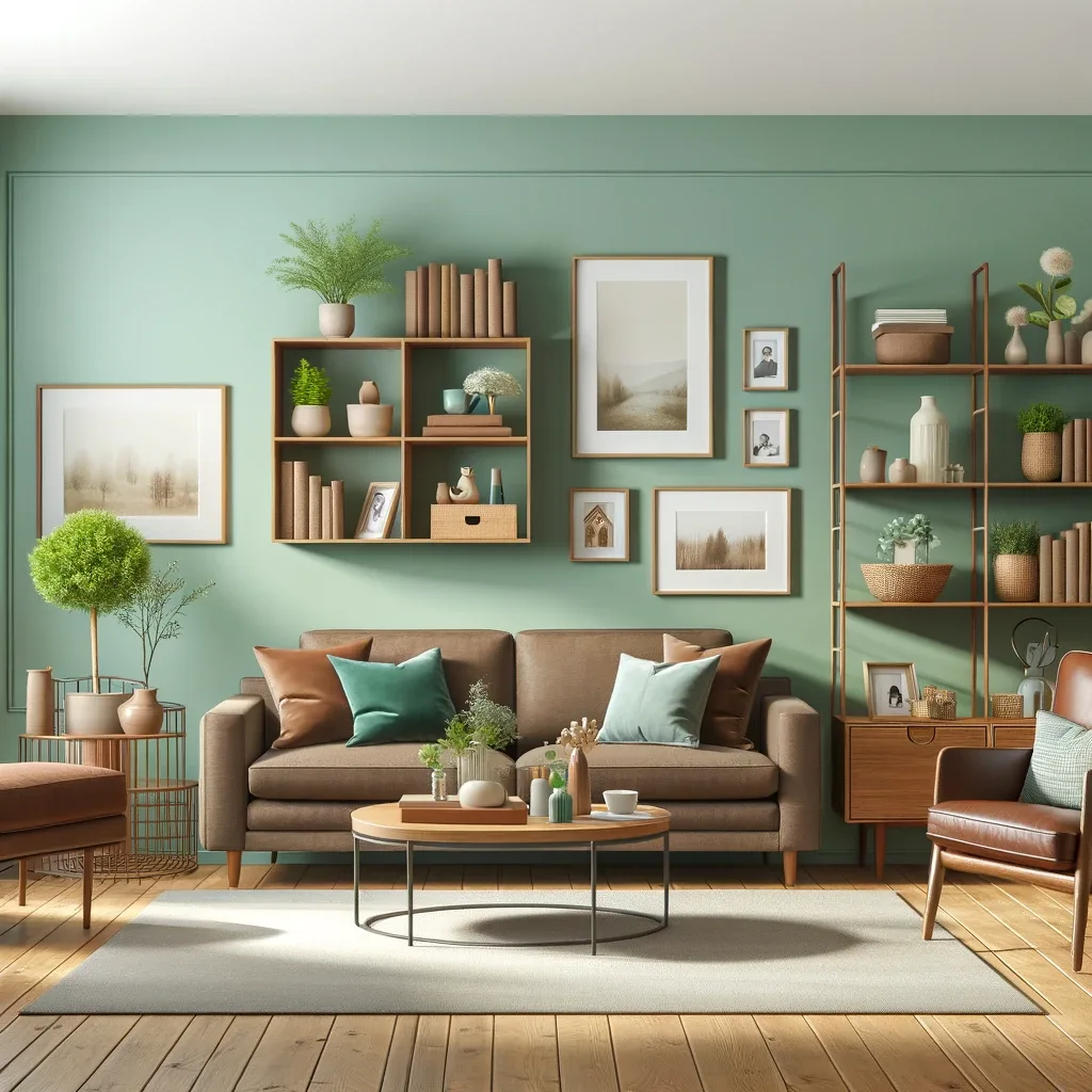 mint green walls and brown furniture