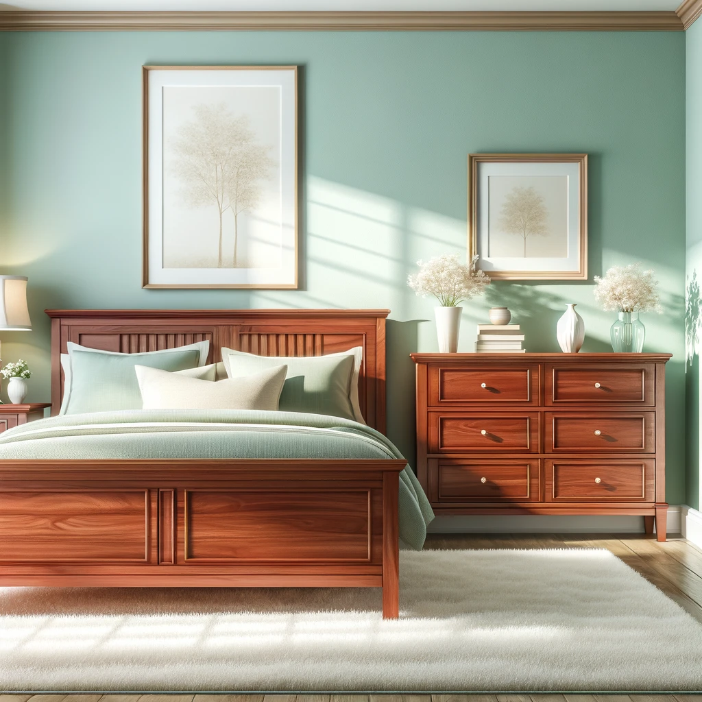 mint green walls with cherry wood bedroom furniture