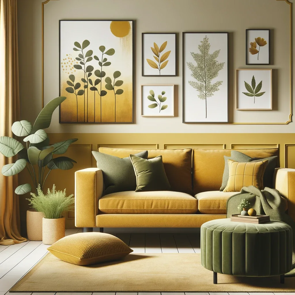 mustard yellow and olive green living room