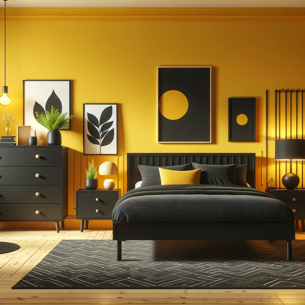 mustard yellow walls and black bedroom furniture