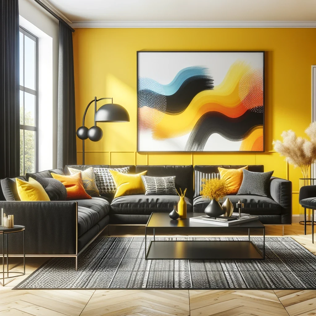 mustard yellow walls and black furniture
