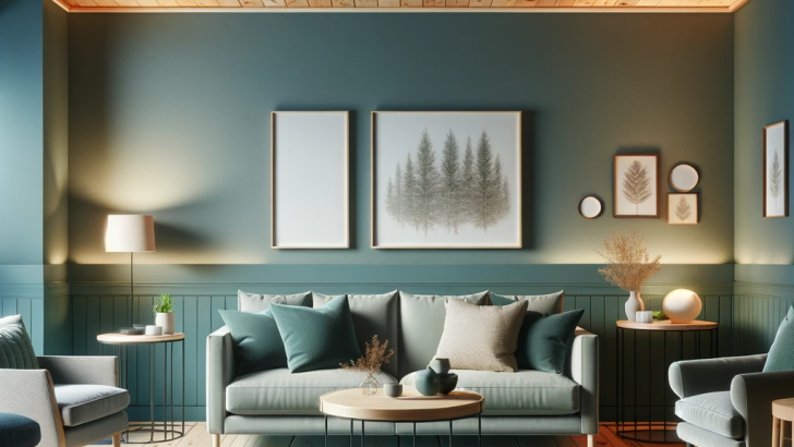 muted teal walls with knotty pine ceiling