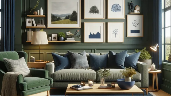 navy blue and forest green living room