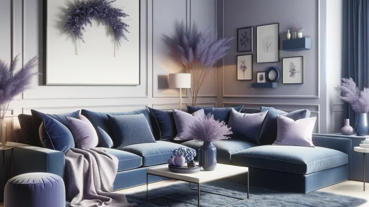 navy blue and lavender living room