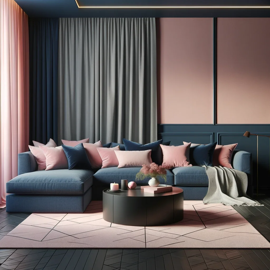 soft pink and navy blue living room