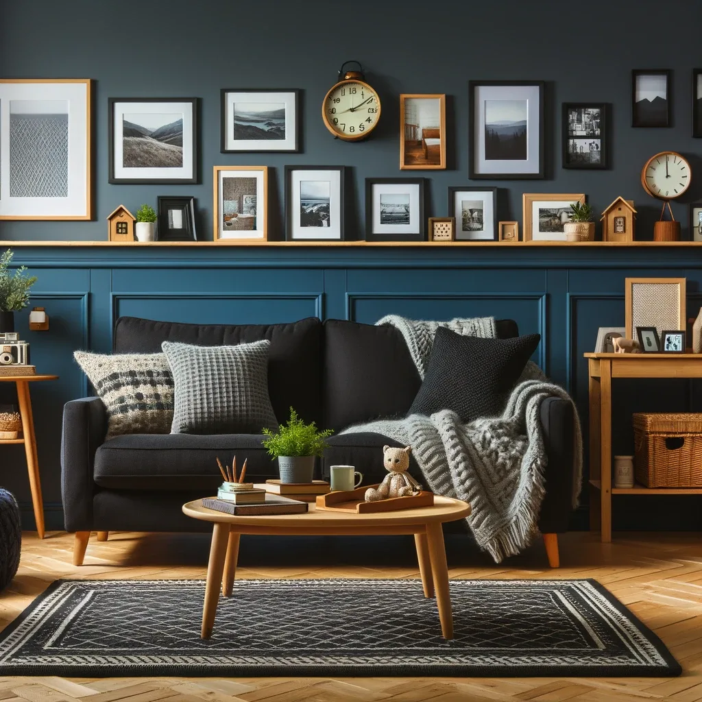 navy blue walls and black furniture