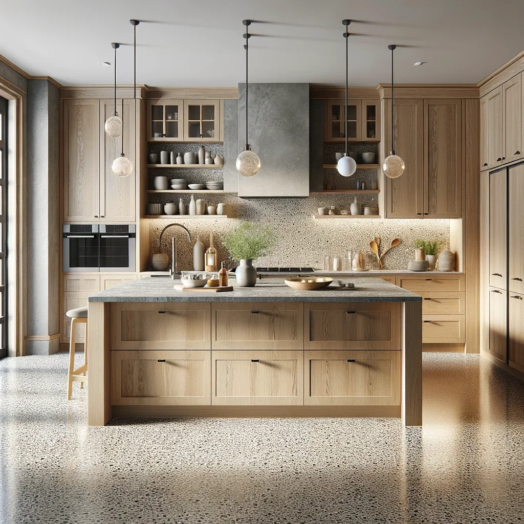 oak kitchen cabinets with muted terrazzo flooring