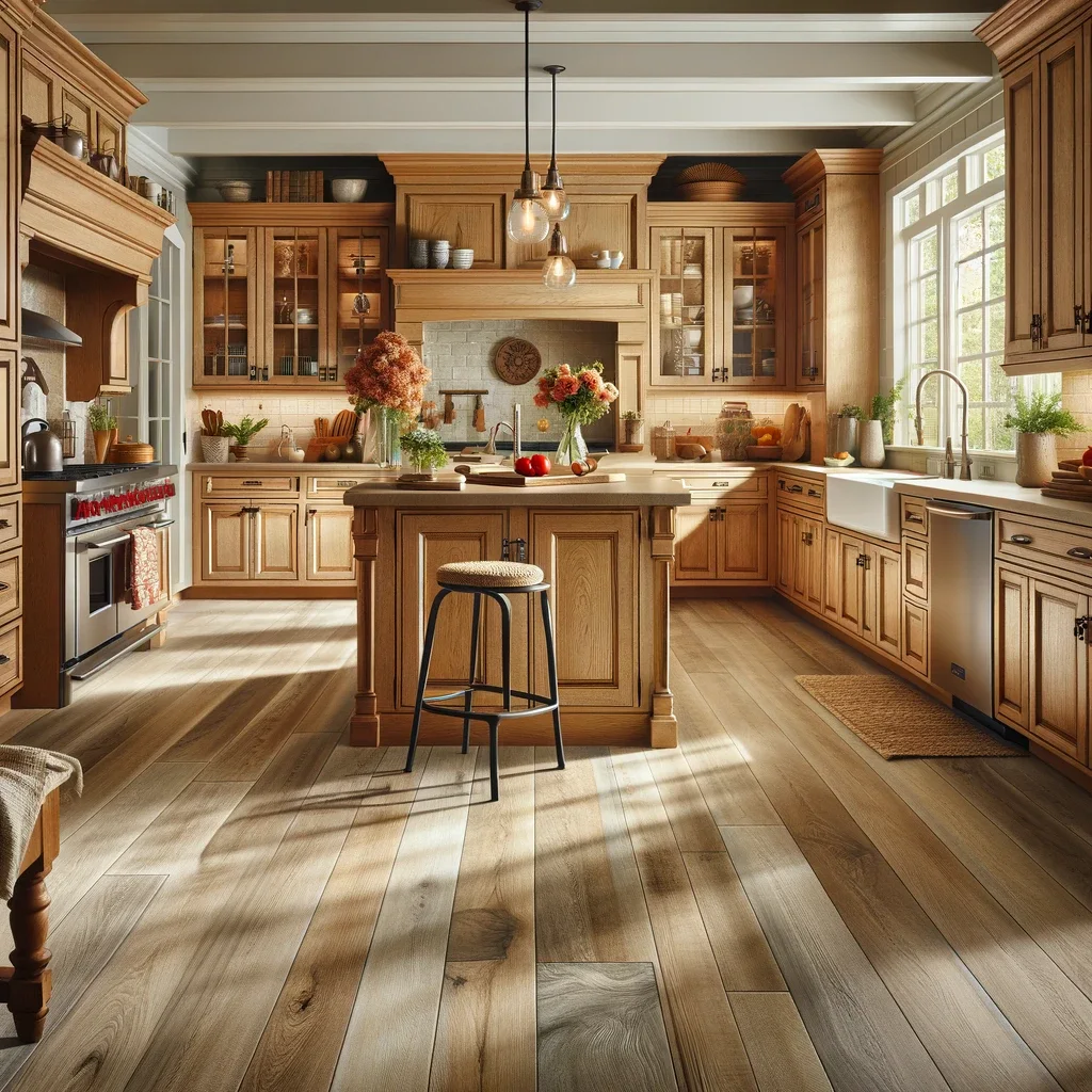 oak kitchen cabinets with neutral vinyl plank flooring