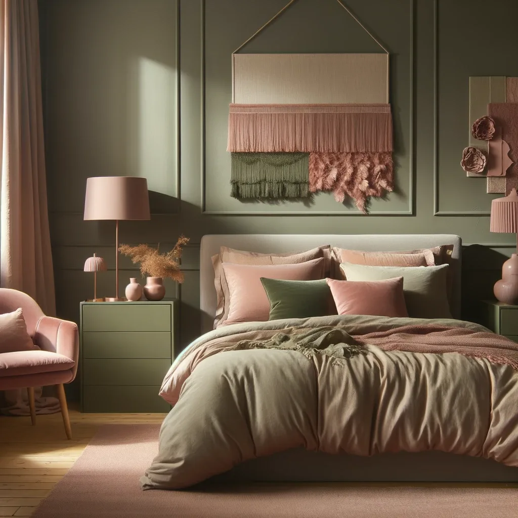 olive green and dusty rose bedroom