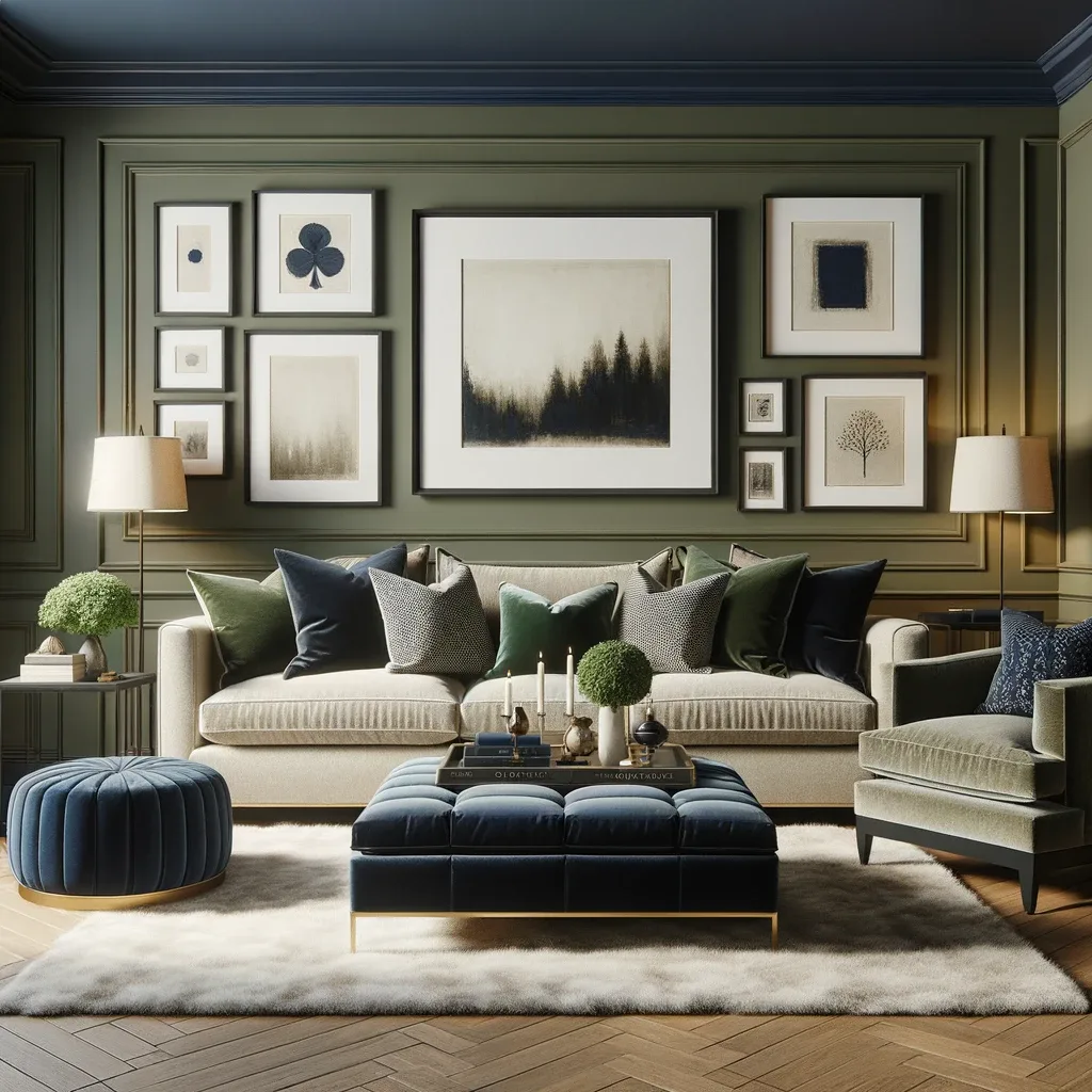 olive green and navy blue living room