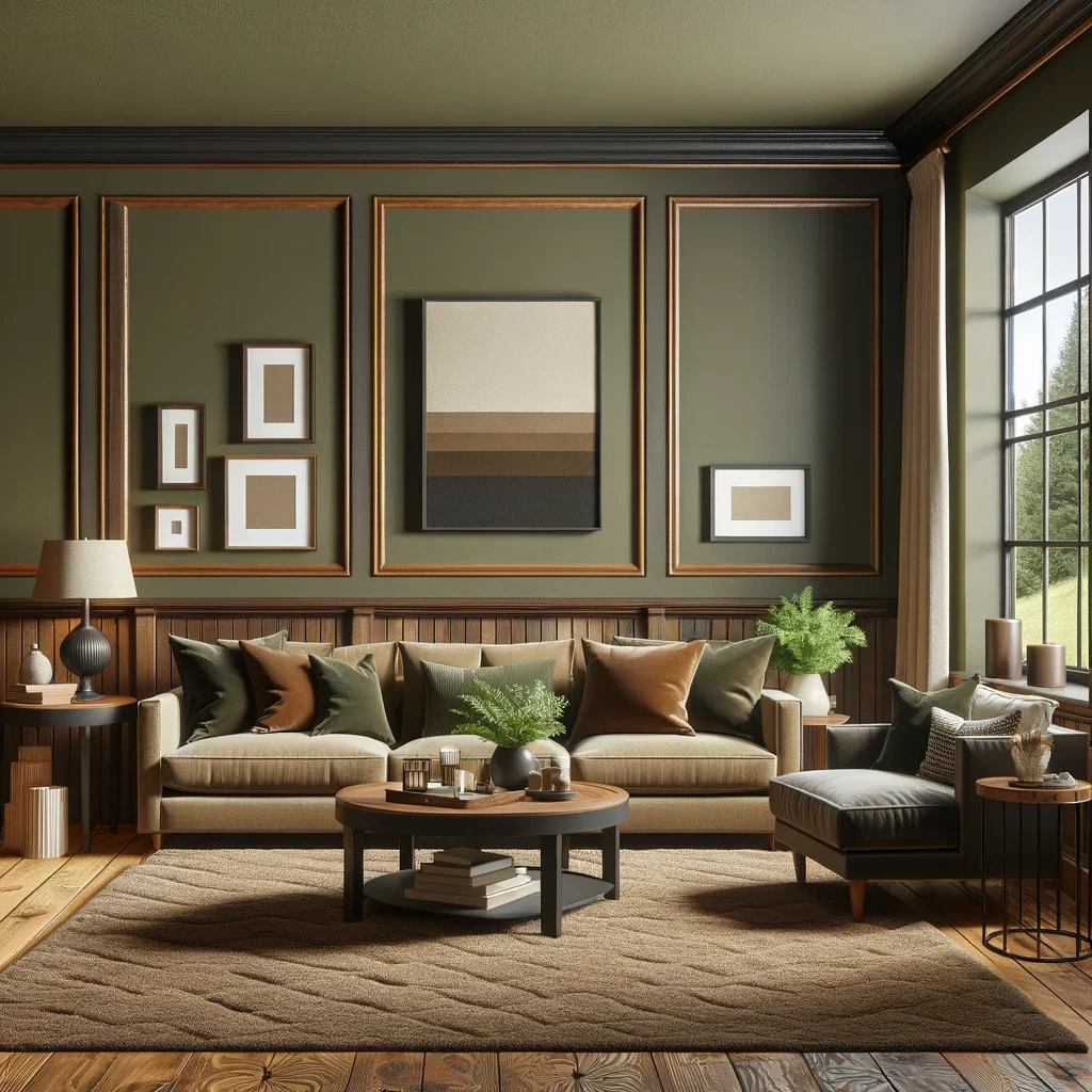 olive green walls and dark wood trim