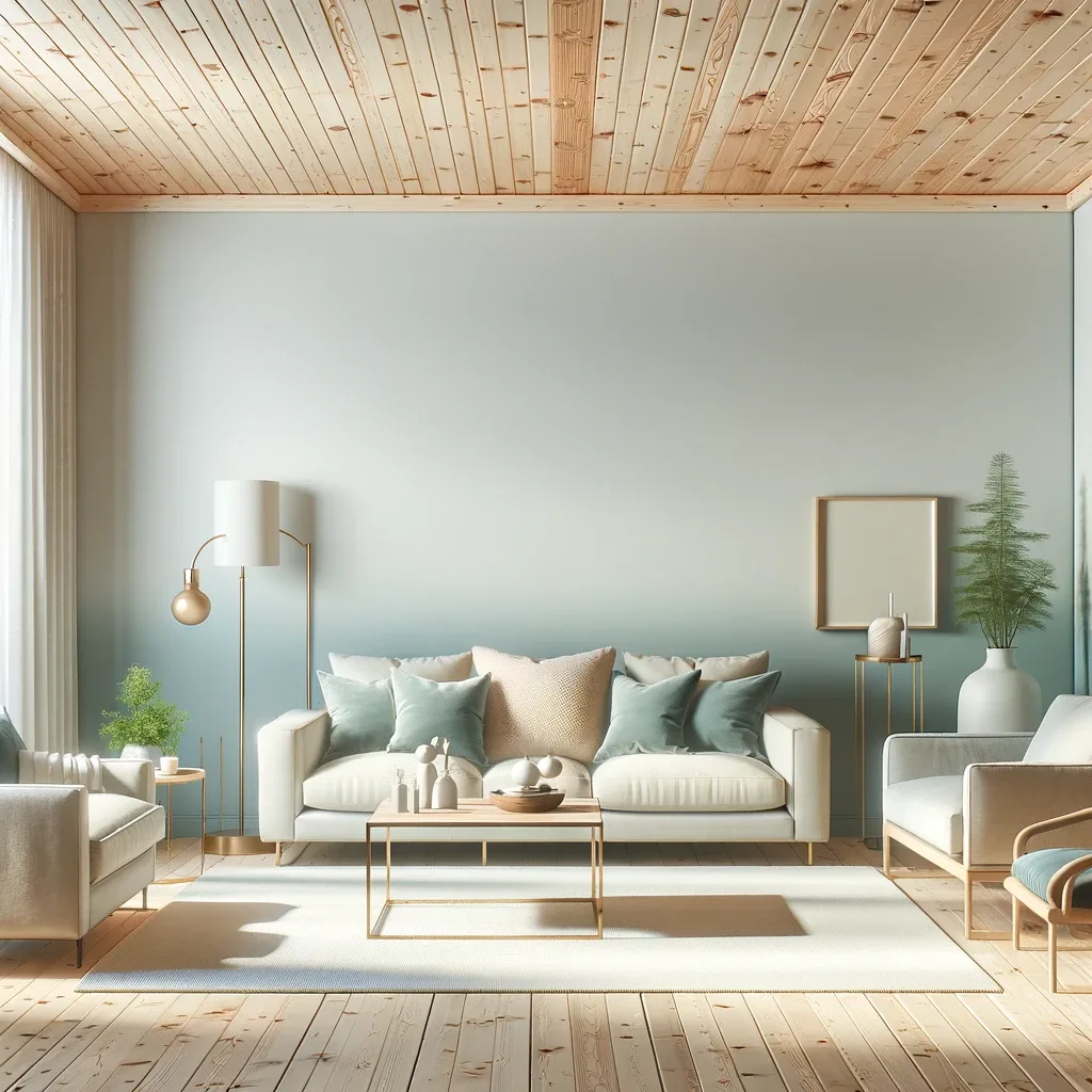 pale blue walls with knotty pine ceiling