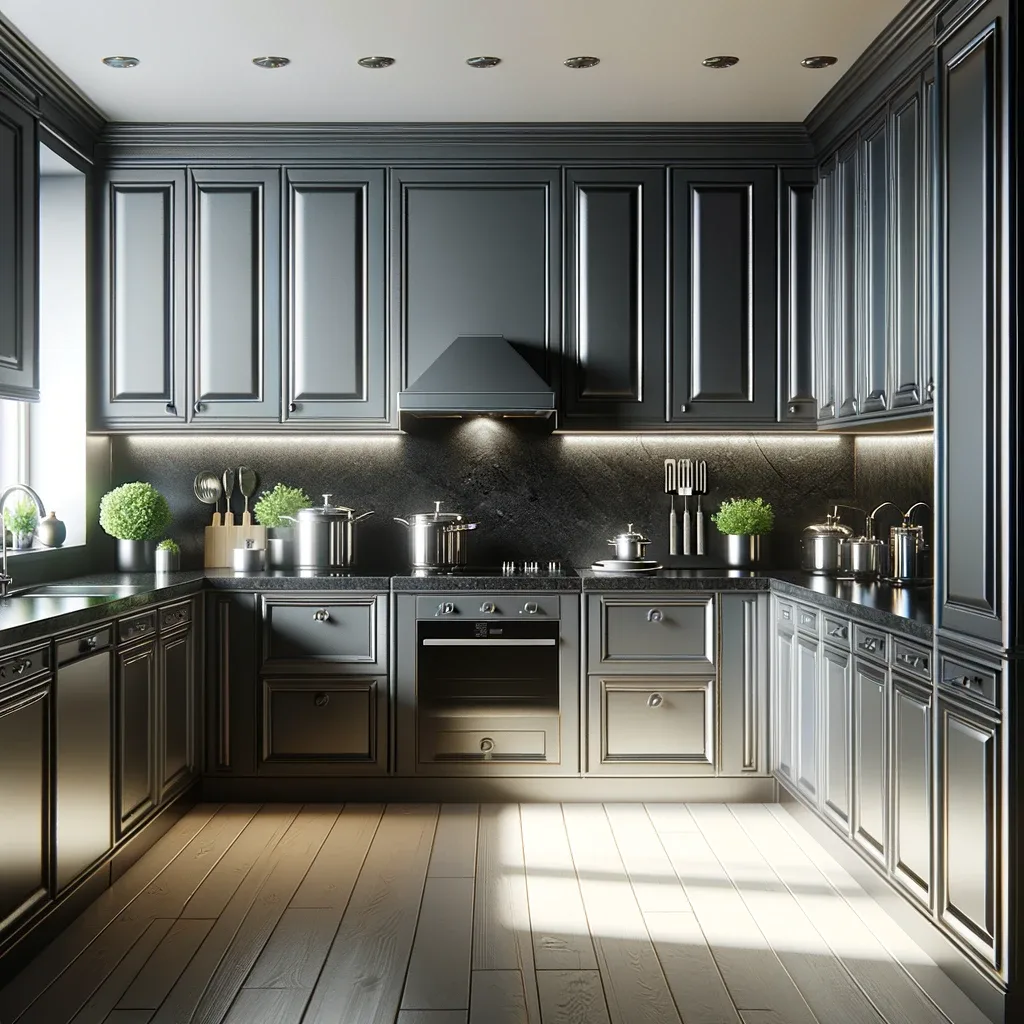 pewter gray kitchen cabinets with black granite countertops