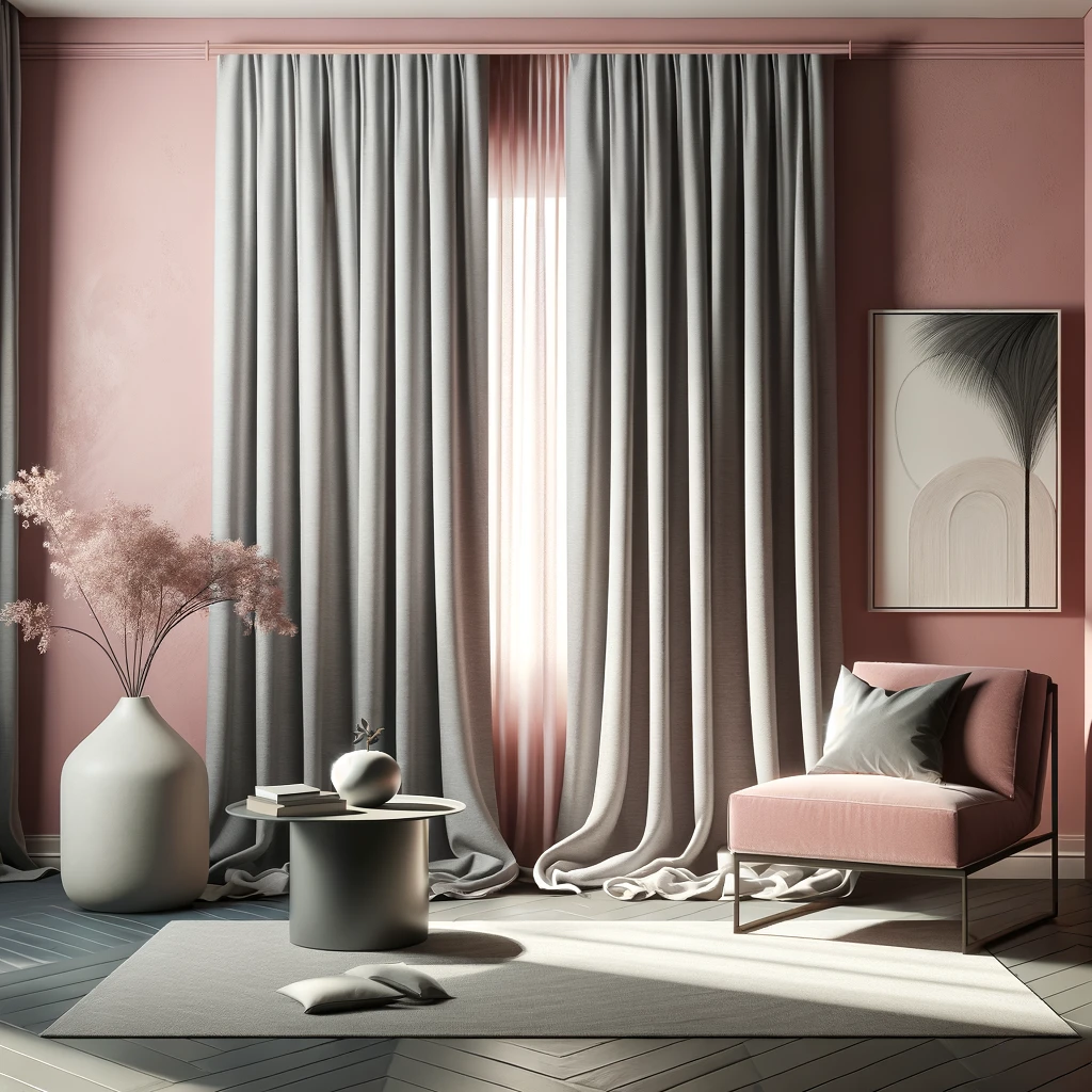 pink walls and light gray curtains