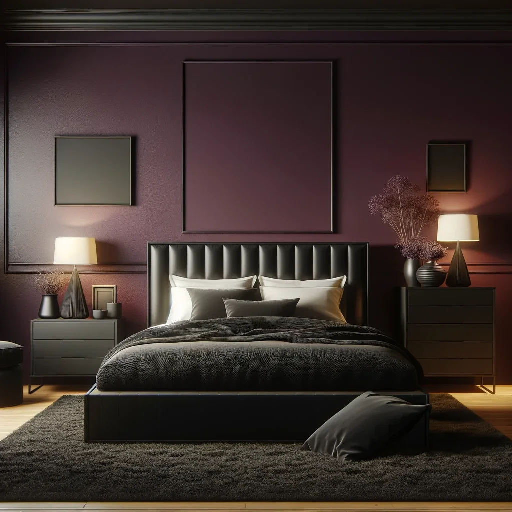 plum walls and black bedroom furniture