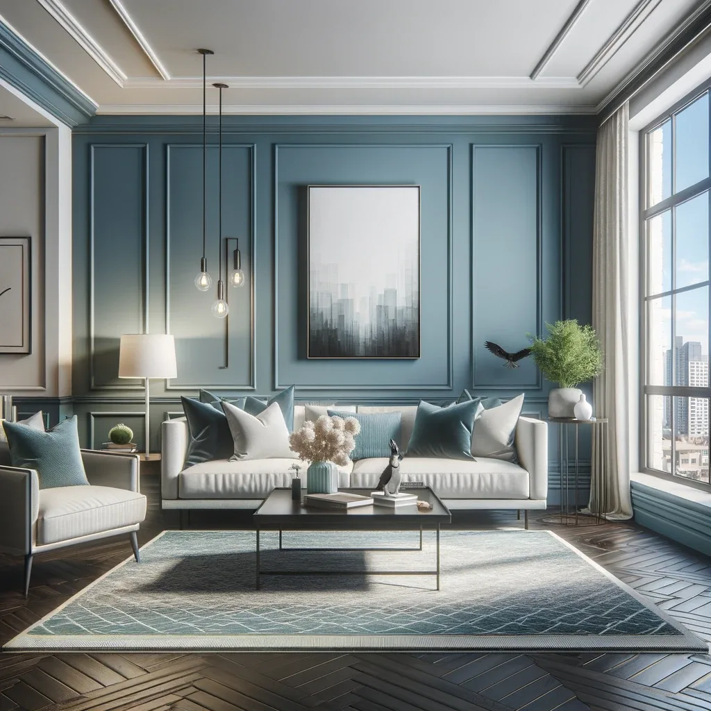 powder blue walls with dark wood floors