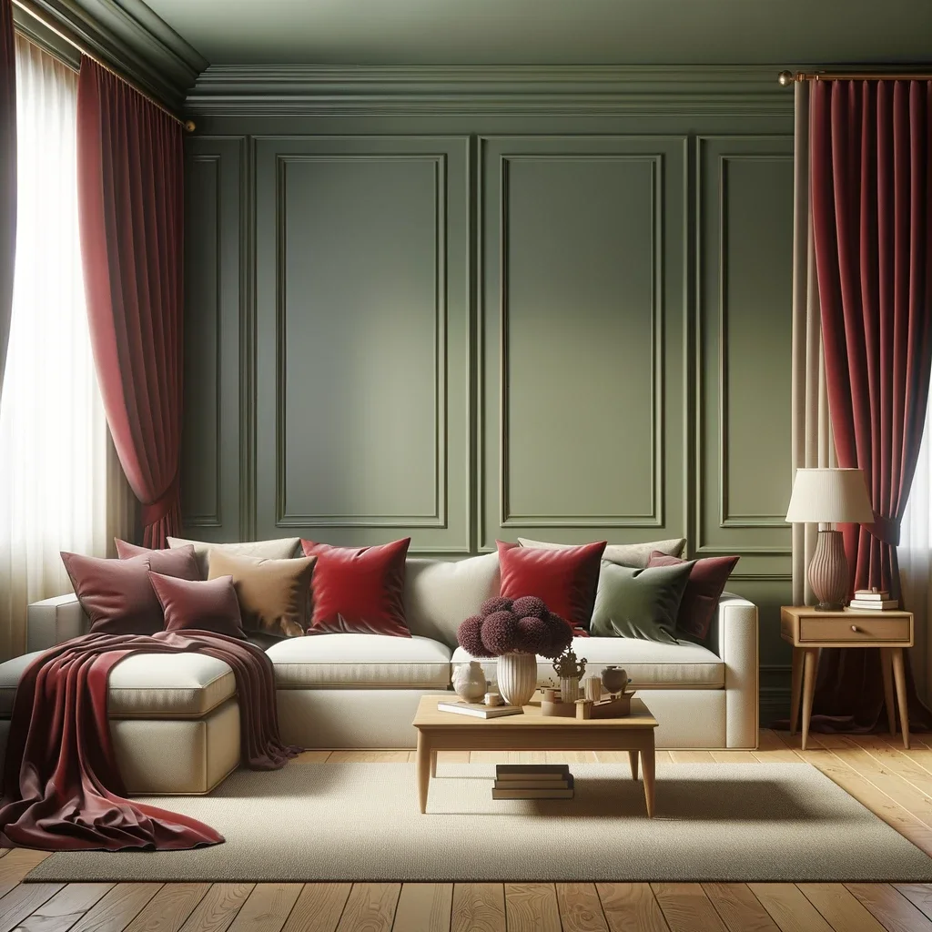 sage green walls and burgundy curtains