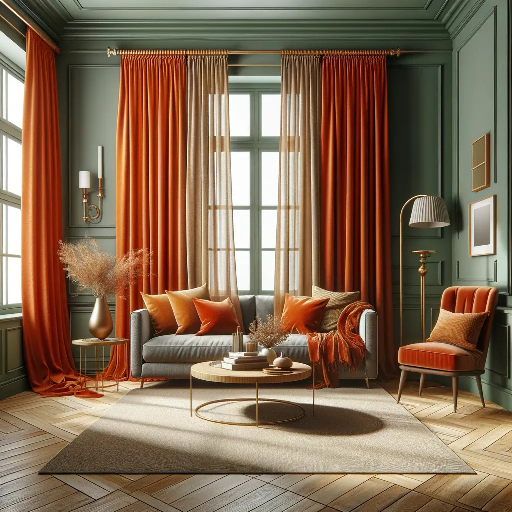sage green walls and burnt orange curtains