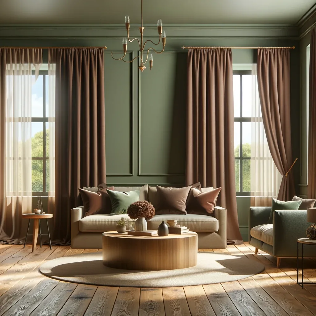 sage green walls and chocolate brown curtains
