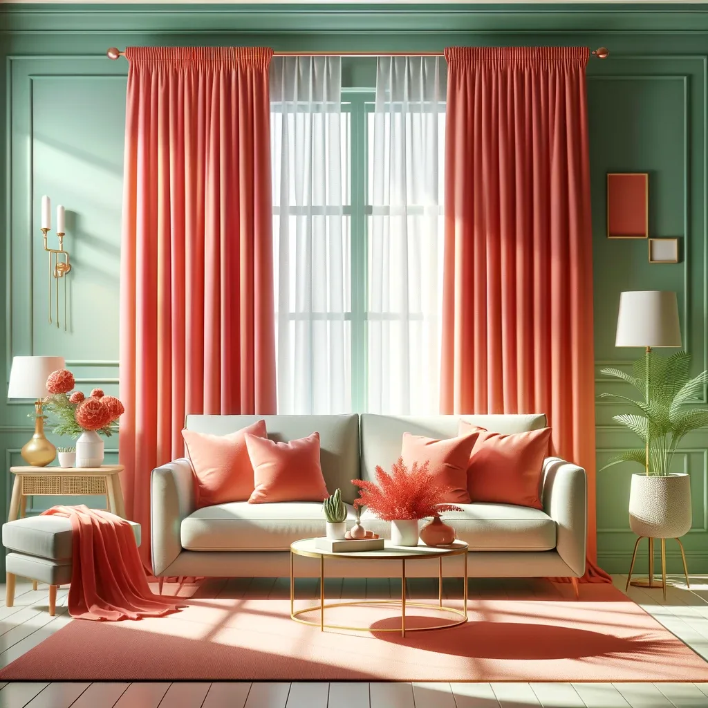 sage green walls and coral curtains