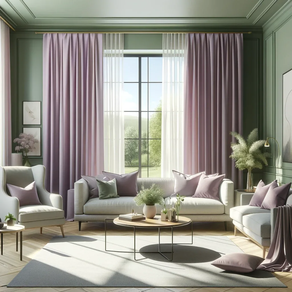 sage green walls and lavender curtains