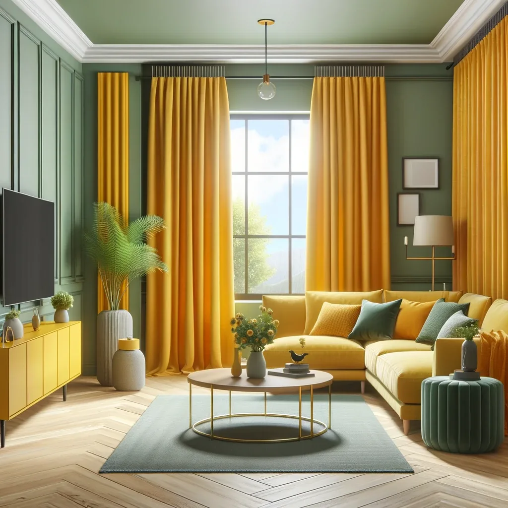 sage green walls and mustard yellow curtains