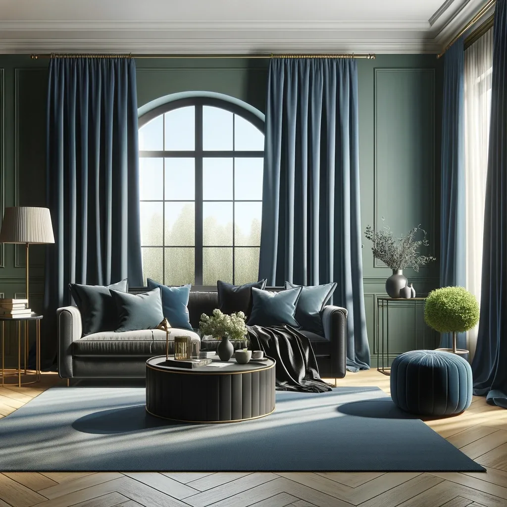 sage green walls and navy blue curtains