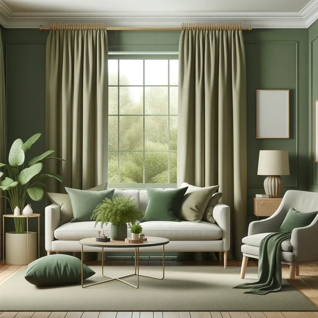 sage green walls and olive green curtains