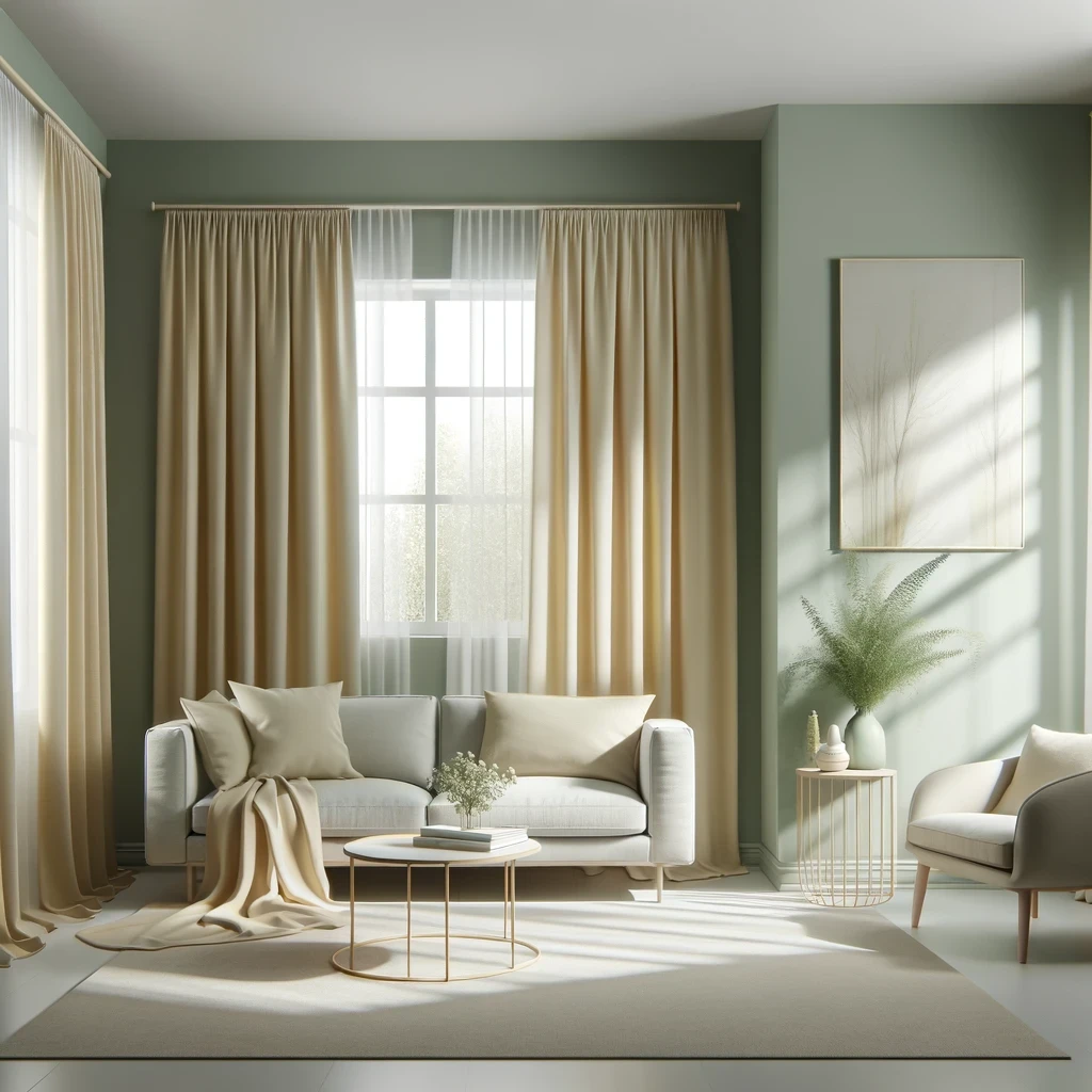 sage green walls and pale yellow curtains