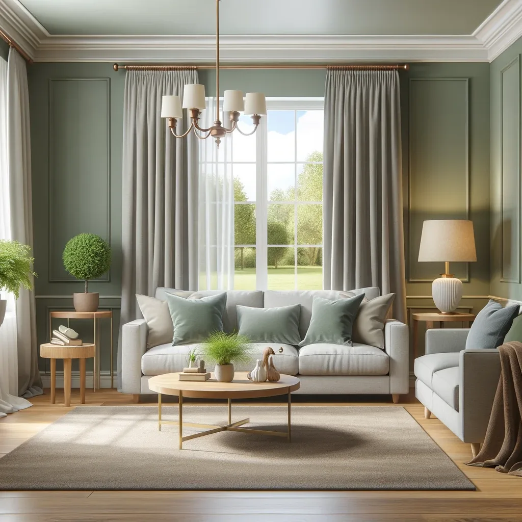 sage green walls and soft gray curtains