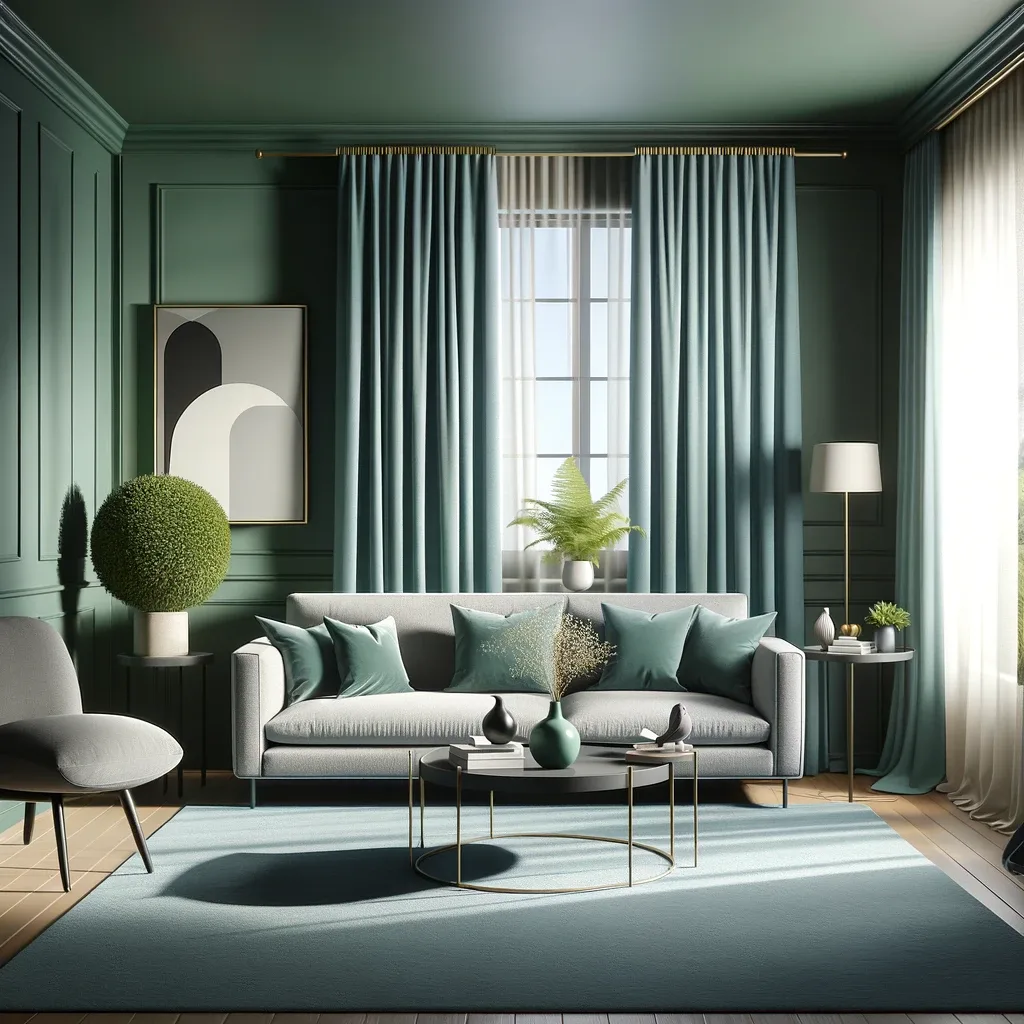 sage green walls and teal curtains