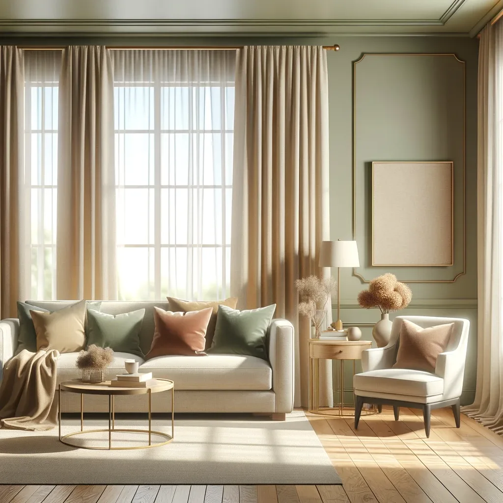 sage green walls and warm beige curtains