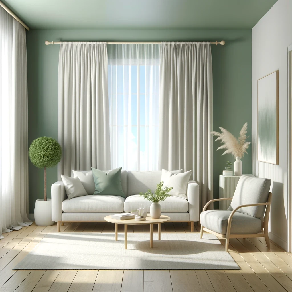 sage green walls and white curtains