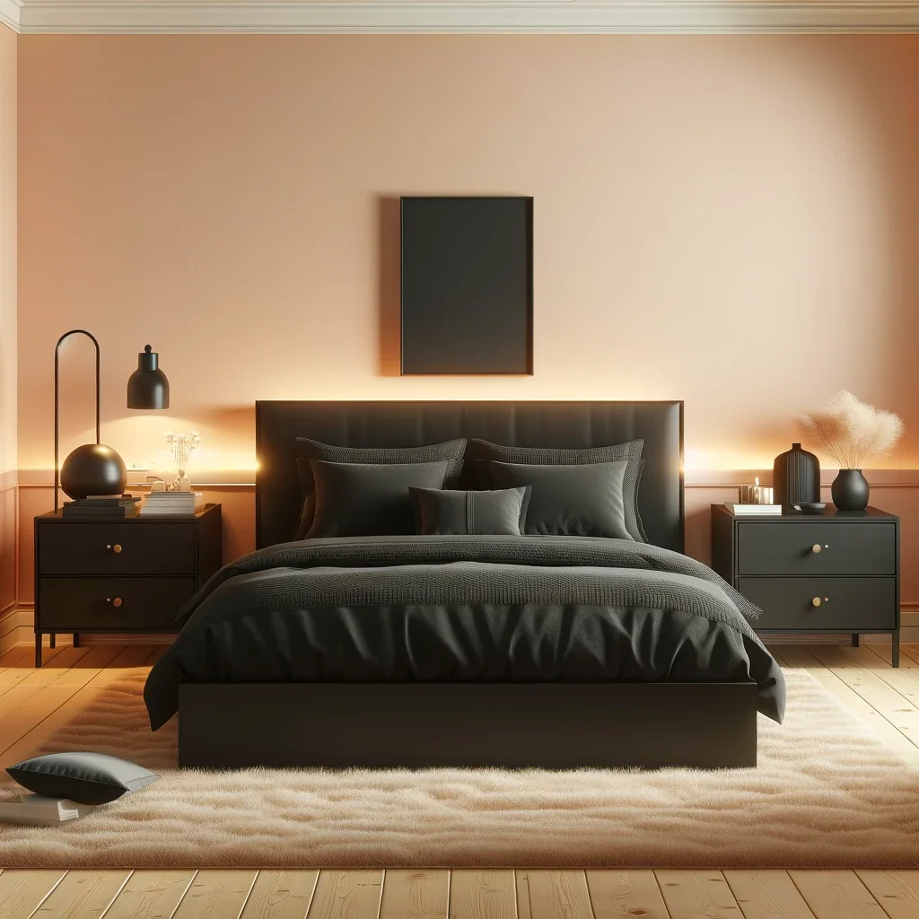 soft peach walls and black bedroom furniture