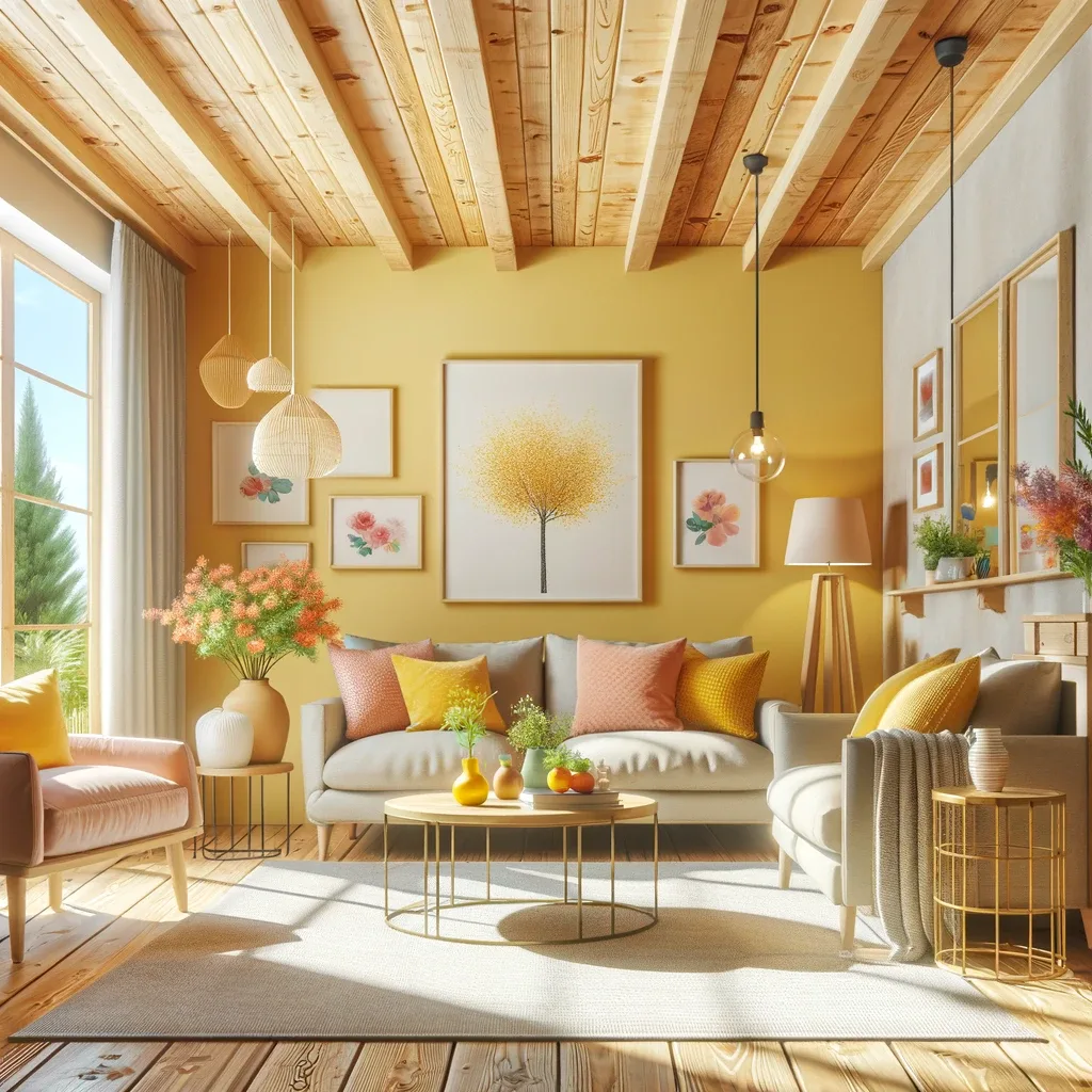 soft yellow walls with knotty pine ceiling