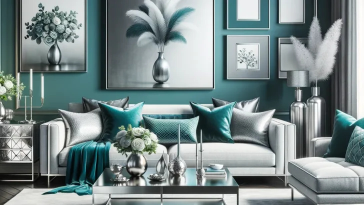 teal and silver living room