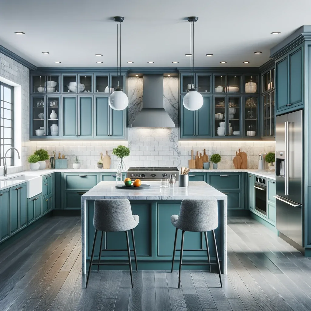 teal kitchen cabinets with gray floors