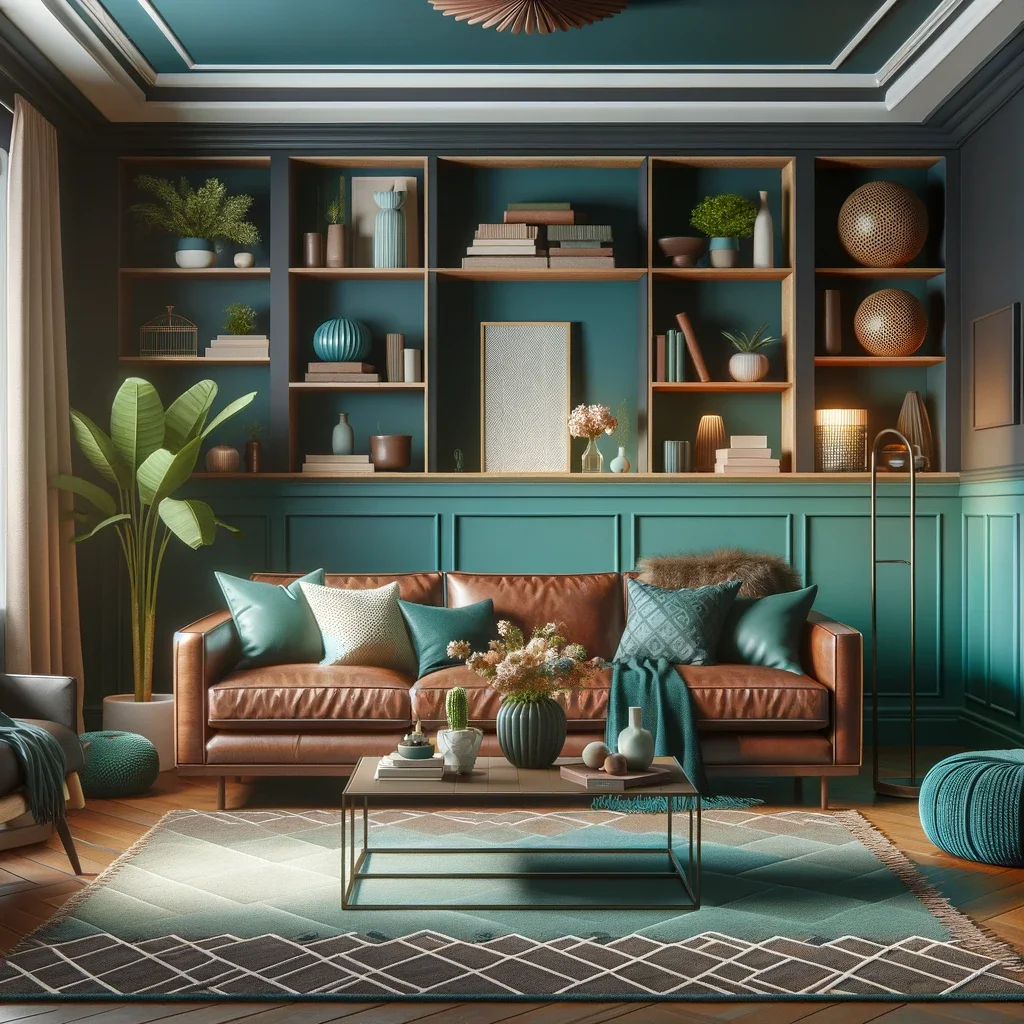 teal with brown leather couch