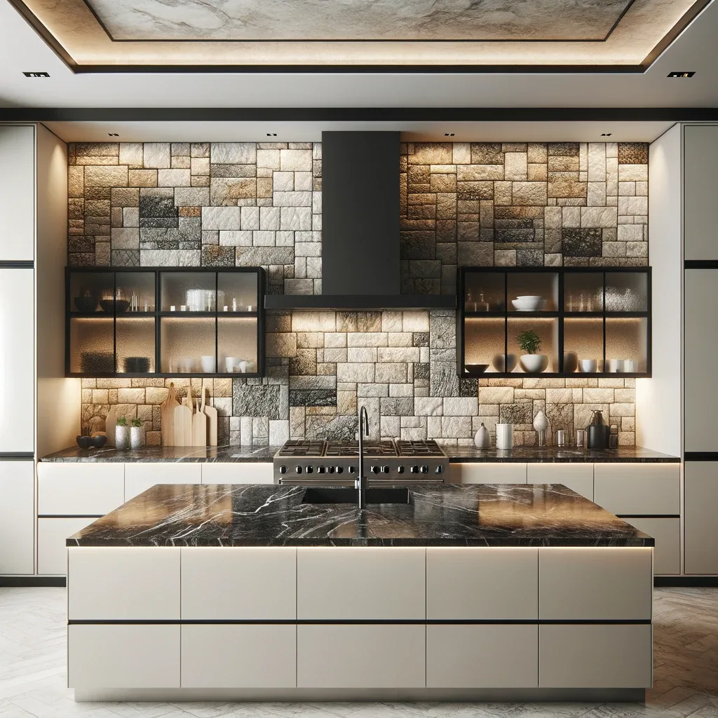 textured stone backsplash with black countertops