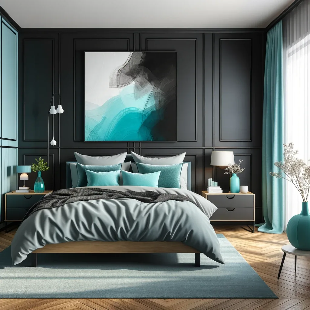 turquoise and black bedroom