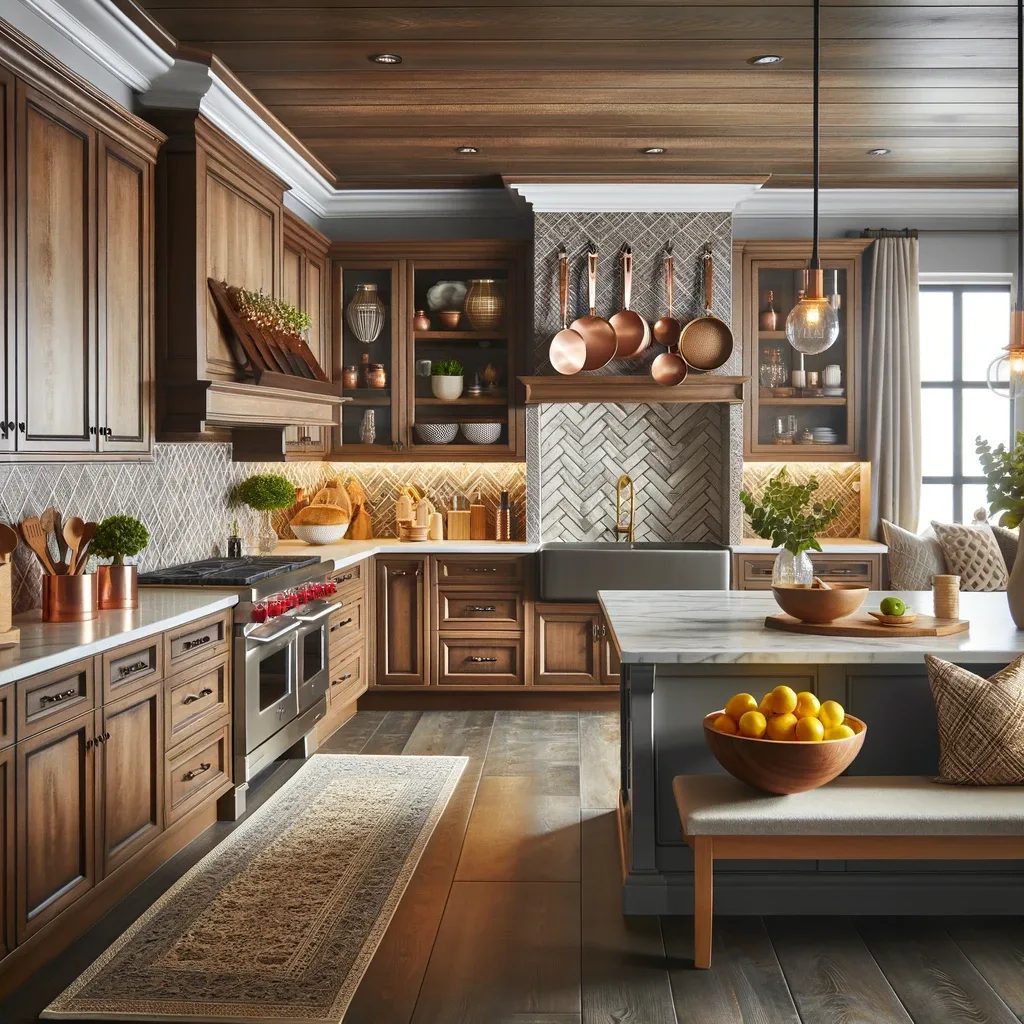 warm brown kitchen cabinets with gray floors