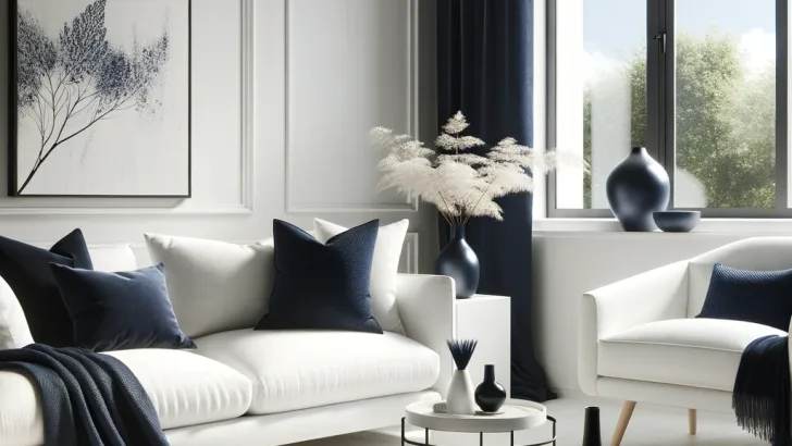 white and deep navy living room