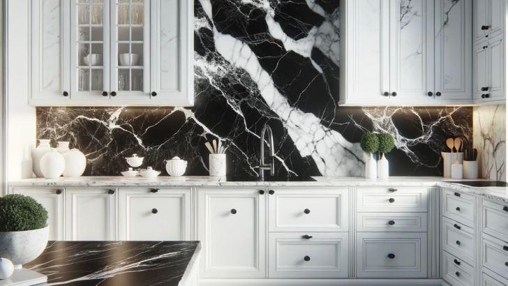 white kitchen cabinets with black marble backsplash