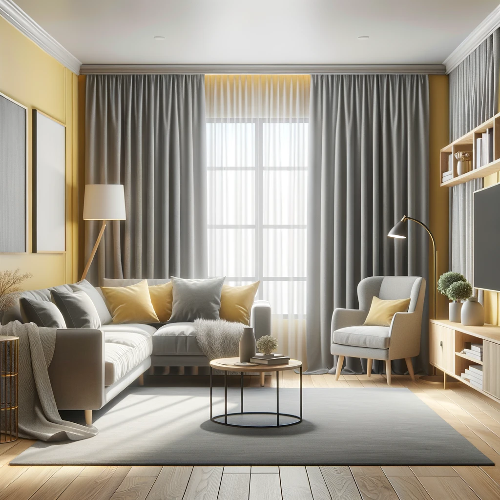 yellow walls with soft gray curtains
