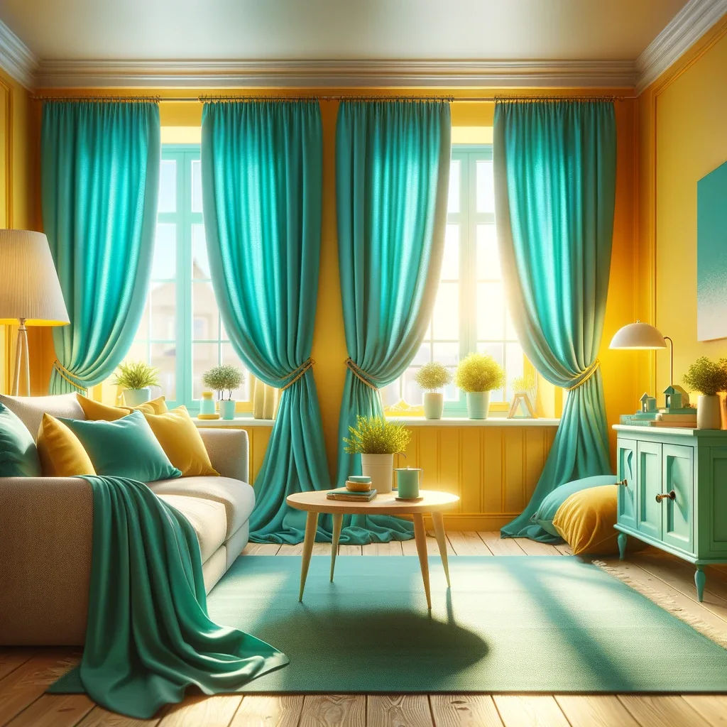 yellow walls with turquoise curtains