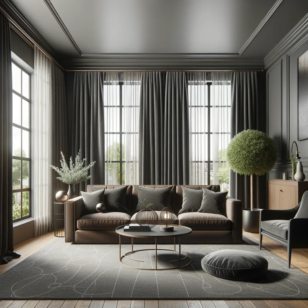 brown couch and charcoal gray curtains