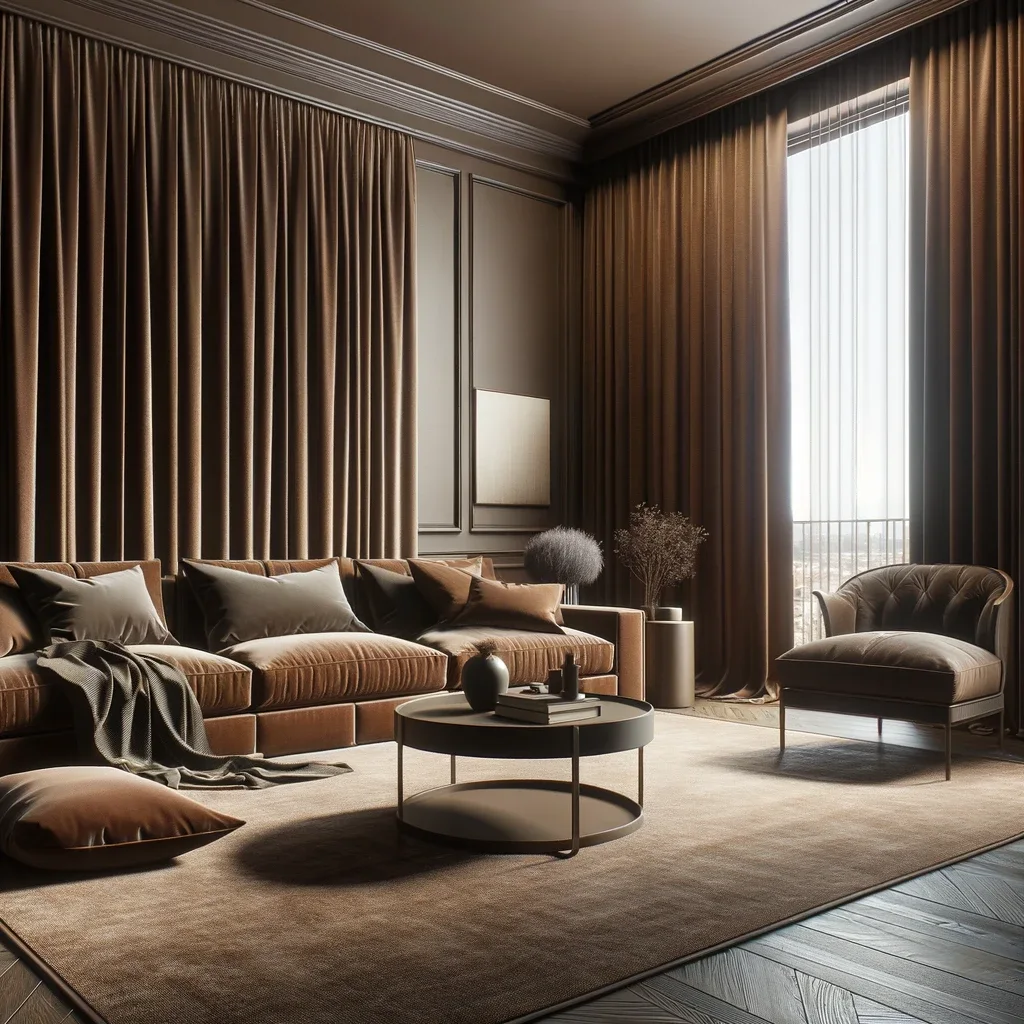 brown couch and chocolate brown curtains