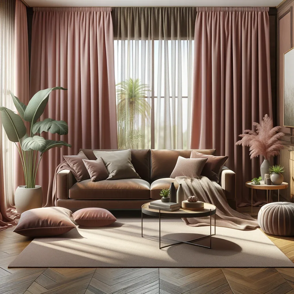 brown couch and dusty rose curtains